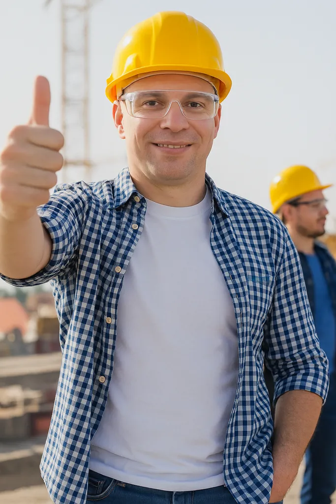 Contractor in a hard hat and plaid shirt giving a thumbs up