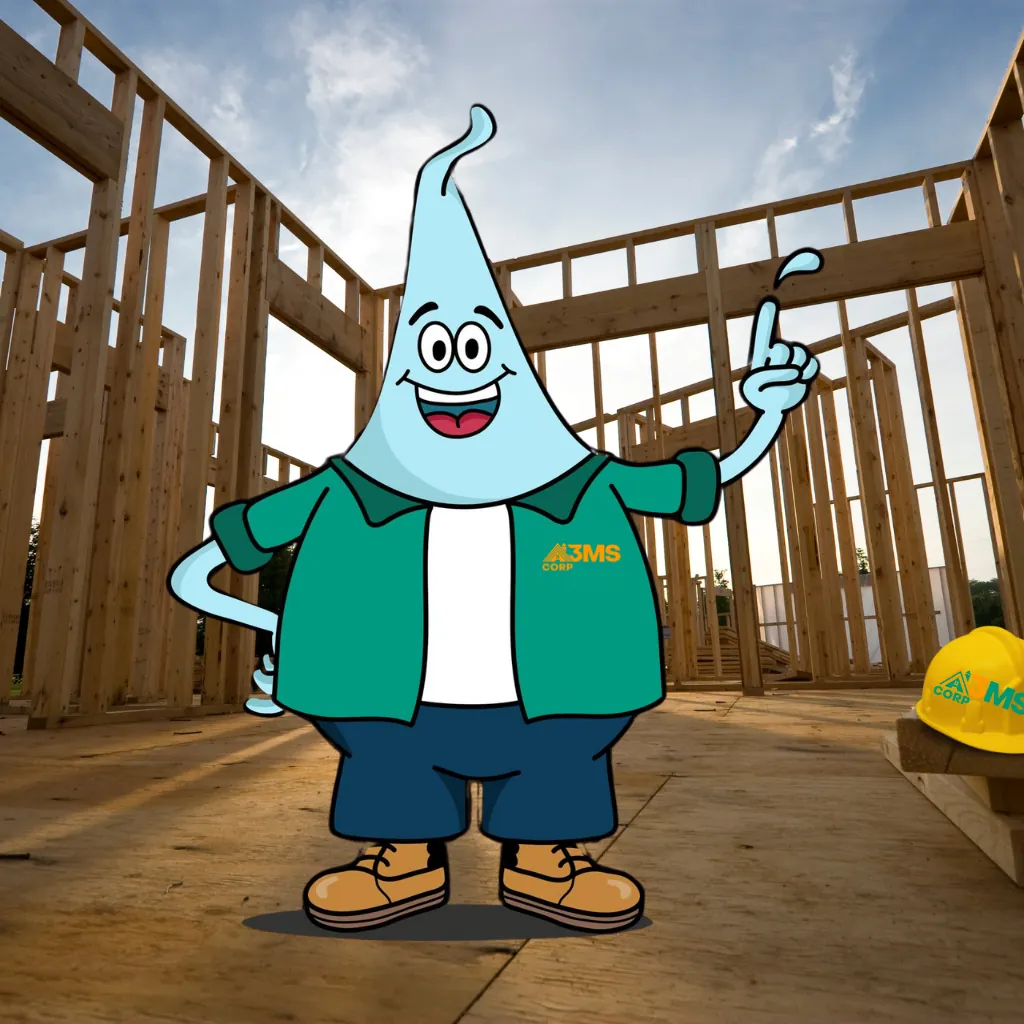 A3MS mascot, a water drop wearing a hard hat, at a home construction site